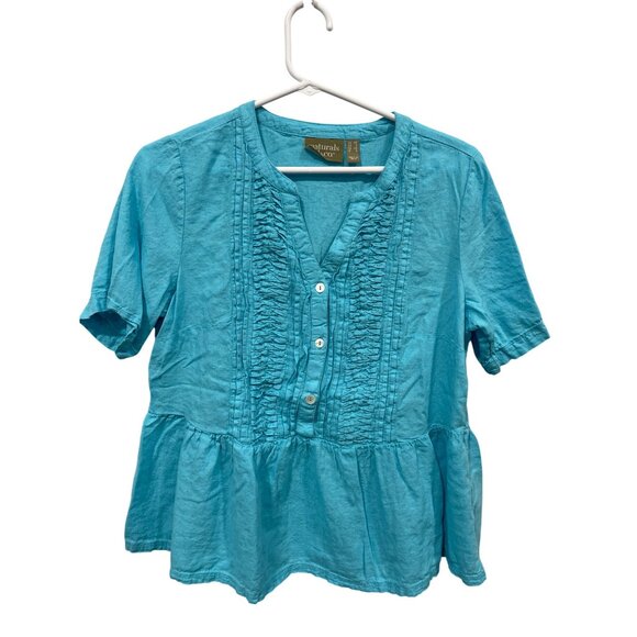 Denim and Co Naturals Linen Blend Pleated Blouse Women XS Short Sleeve Aqua Blue - Picture 2 of 7
